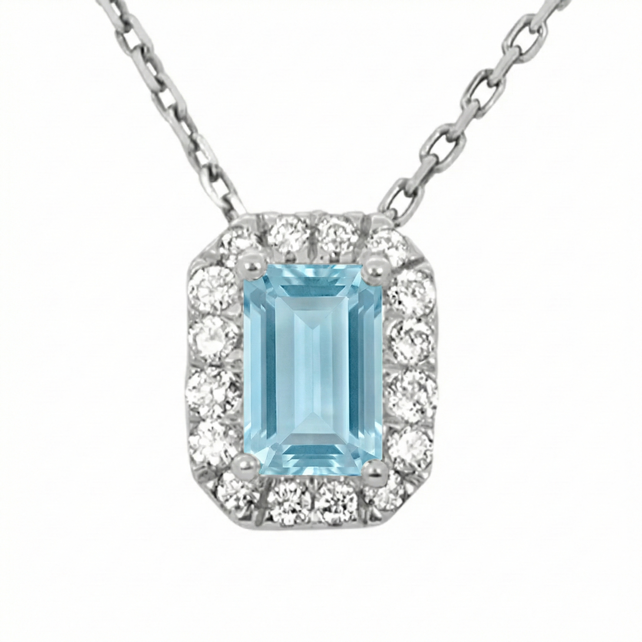 SPECIAL! .72ct G SI 14kt White Gold Diamond & Aquamarine Gemstone Halo Pendant 18"