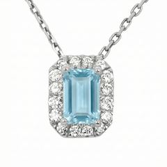 SPECIAL! .72ct G SI 14kt White Gold Diamond & Aquamarine Gemstone Halo Pendant 18"