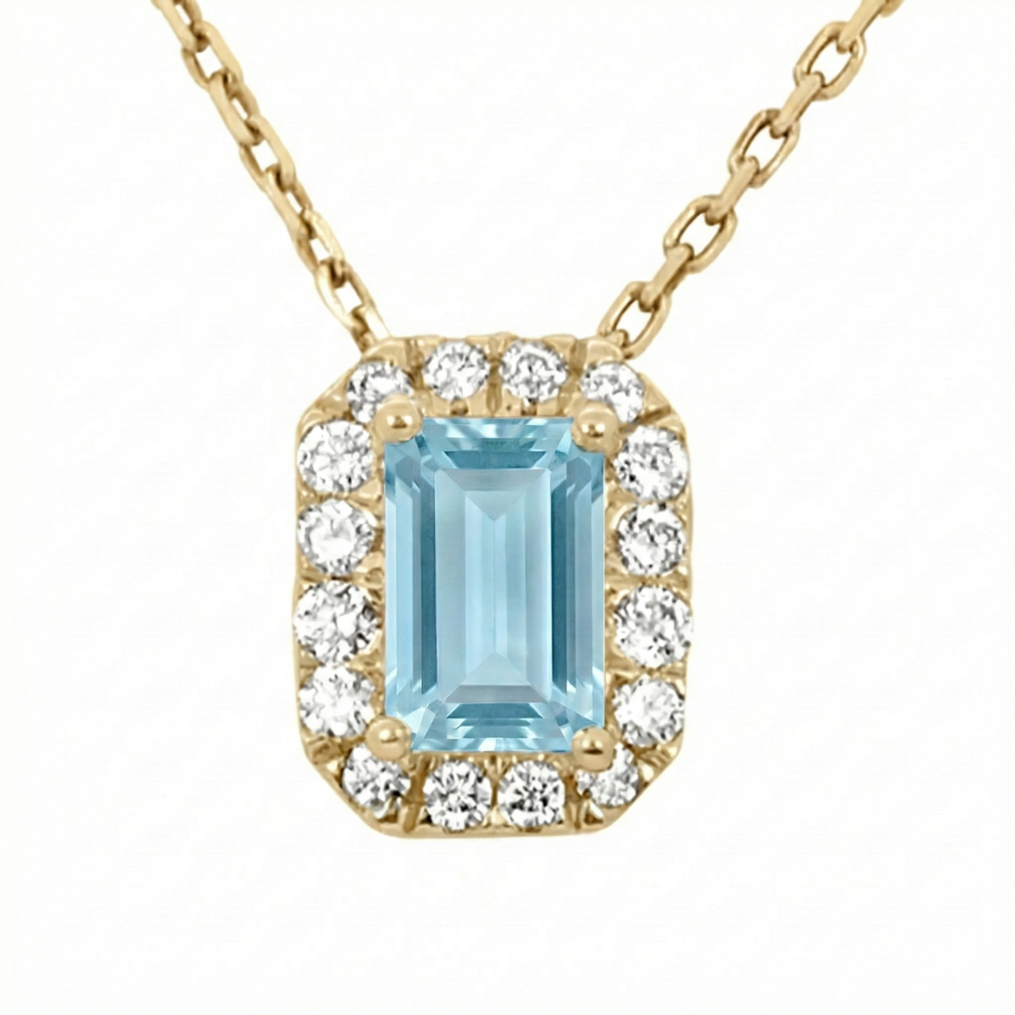 SPECIAL! .72ct G SI 14kt Yellow Gold Diamond & Aquamarine Gemstone Halo Pendant 18" long