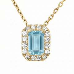 SPECIAL! .72ct G SI 14kt Yellow Gold Diamond & Aquamarine Gemstone Halo Pendant 18" long