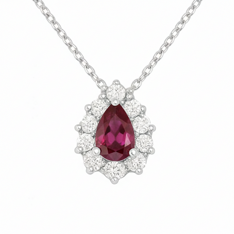 SPECIAL! .97ct G SI 14kt White Gold Diamond & Pear Shaped Ruby Pendant Necklace 18" Long