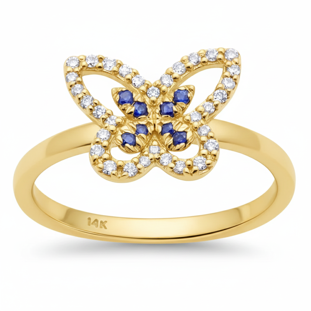 SPECIAL!.22ct G SI 14K Yellow Gold Round Diamond & Blue Sapphire Gemstone Butterfly Ring Size 6.5