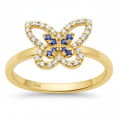 SPECIAL!.22ct G SI 14K Yellow Gold Round Diamond & Blue Sapphire Gemstone Butterfly Ring Size 6.5