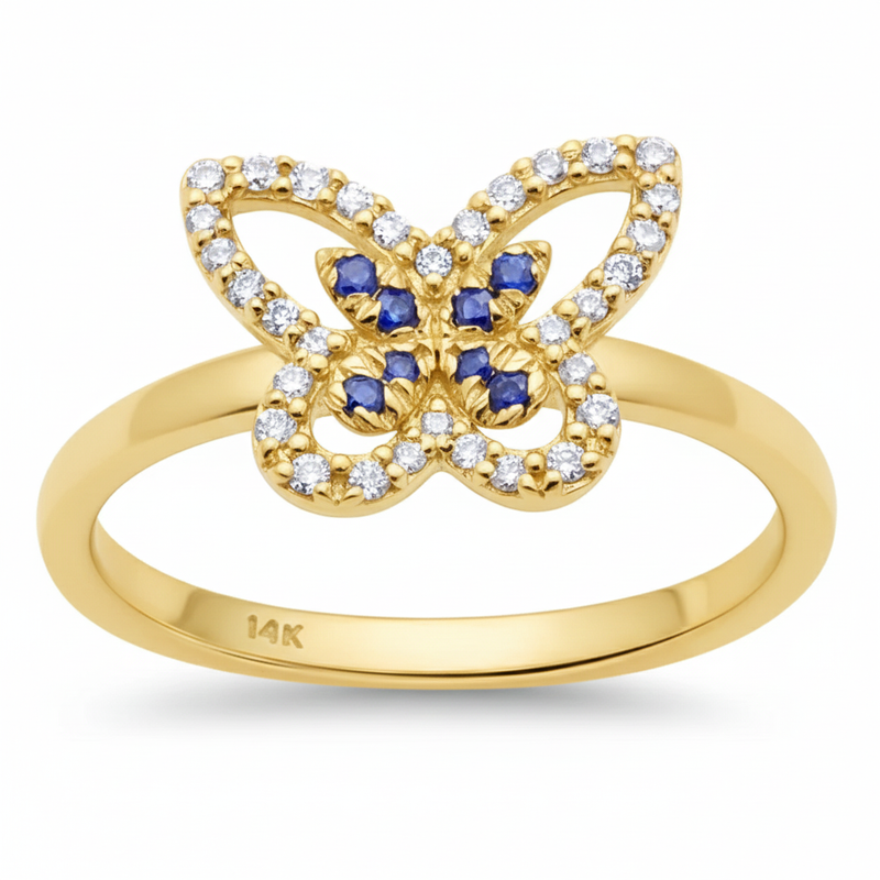 SPECIAL!.22ct G SI 14K Yellow Gold Round Diamond & Blue Sapphire Gemstone Butterfly Ring Size 6.5