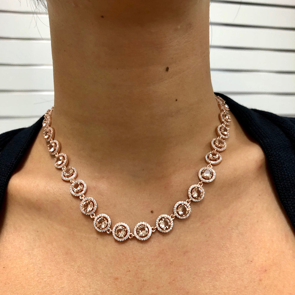 CLOSEOUT! Rose Gold Plated Morganite Round & Cubic Zirconia .925 Sterling Silver Necklace