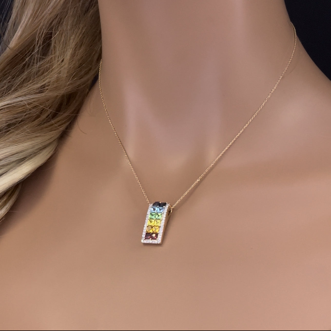 GEMSTONE CLOSEOUT!  2.87ct G SI 14K Yellow Gold Diamond & Multi Color Gemstones Pendant Necklace 16 + 2" Long