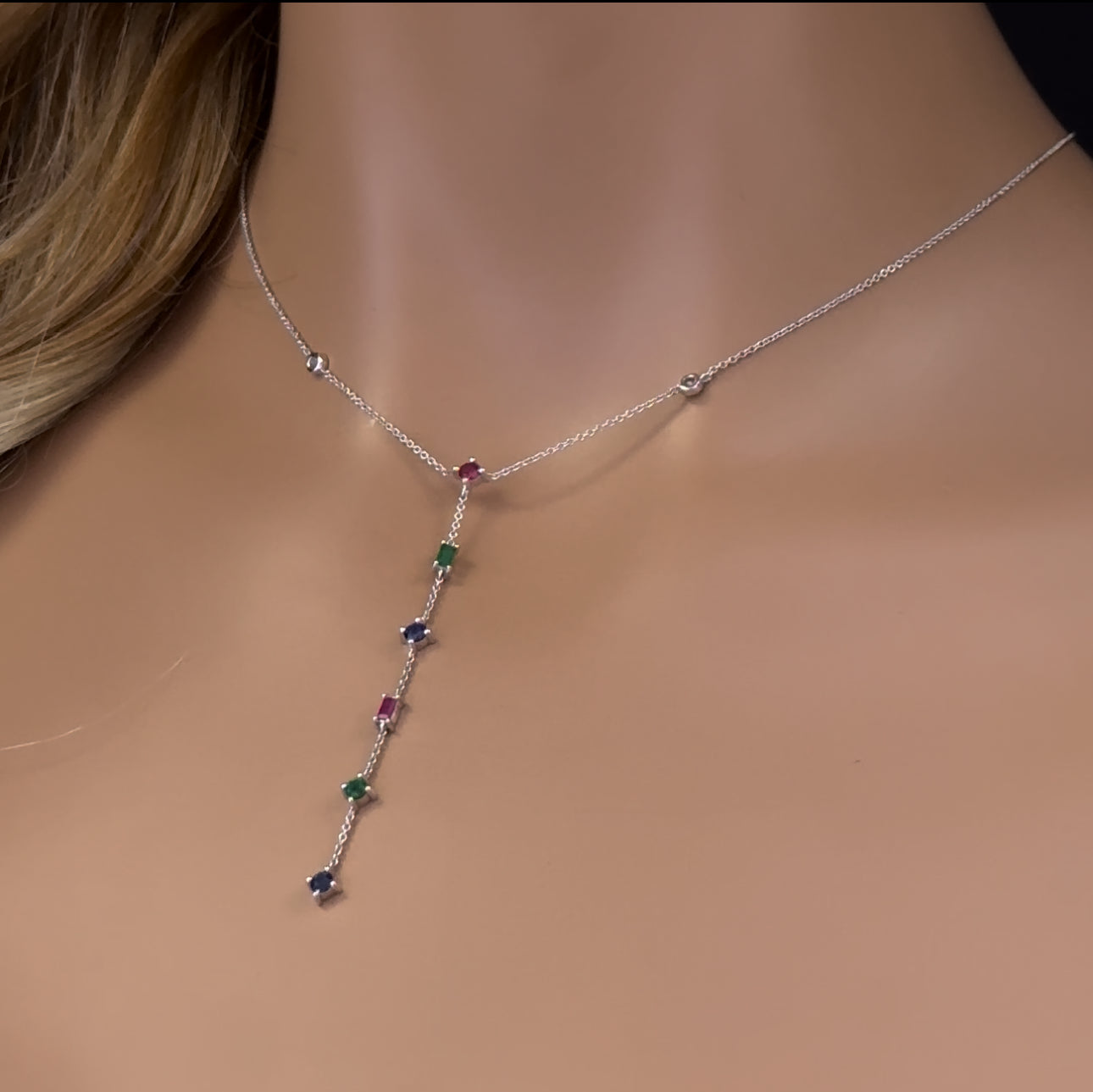 GEMSTONE CLOSEOUT! .81ct G SI 14K White Gold Diamond & Multi Color Gemstones Pendant Necklace 18" Long