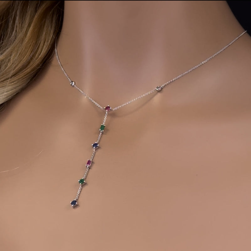 GEMSTONE CLOSEOUT! .81ct G SI 14K White Gold Diamond & Multi Color Gemstones Pendant Necklace 18" Long