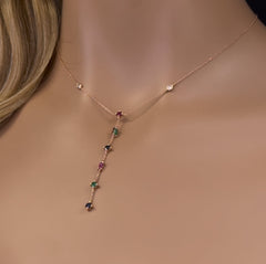 GEMSTONE CLOSEOUT!   .80ct G SI 14K Rose Gold Diamond & Multi Color Gemstone Drop Lariat Necklace 16+2" Ext