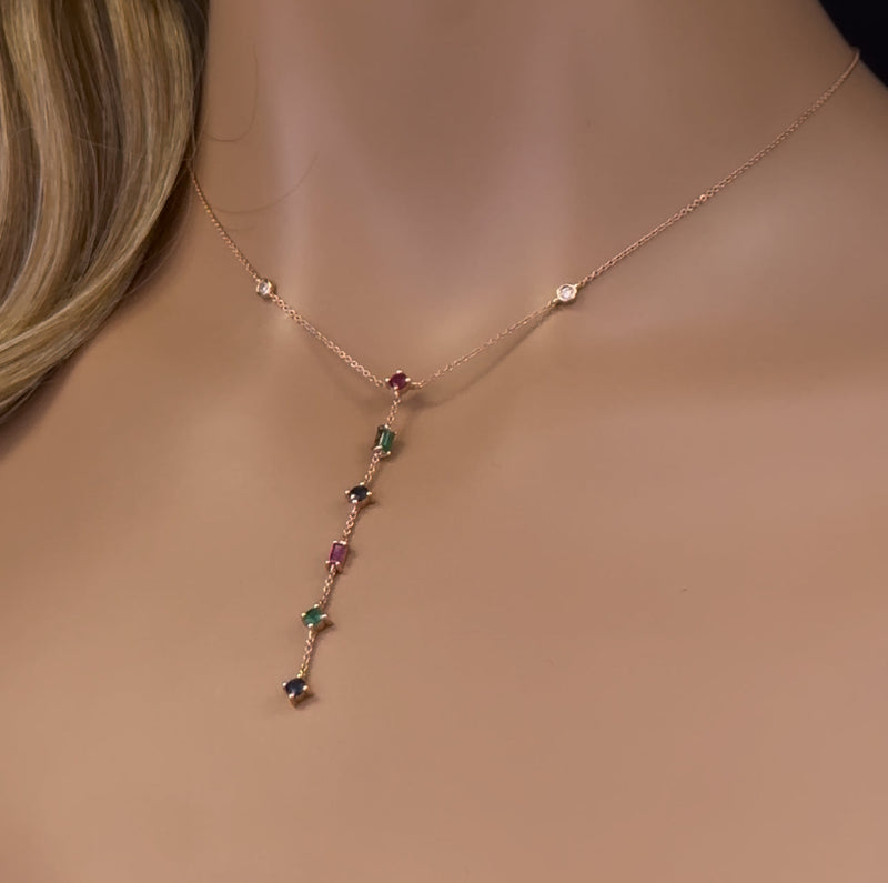 GEMSTONE CLOSEOUT!   .80ct G SI 14K Rose Gold Diamond & Multi Color Gemstone Drop Lariat Necklace 16+2" Ext
