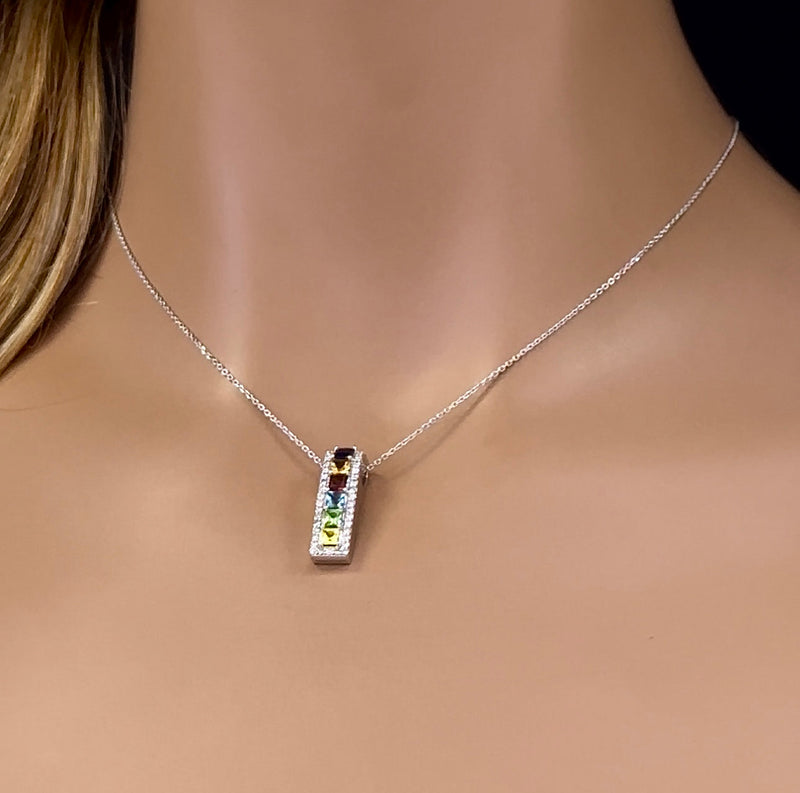 SPECIAL! 1.61ct G SI 14K White Gold Diamond & Multi Color Gemstones Pendant Neklace 16 + 2" Long