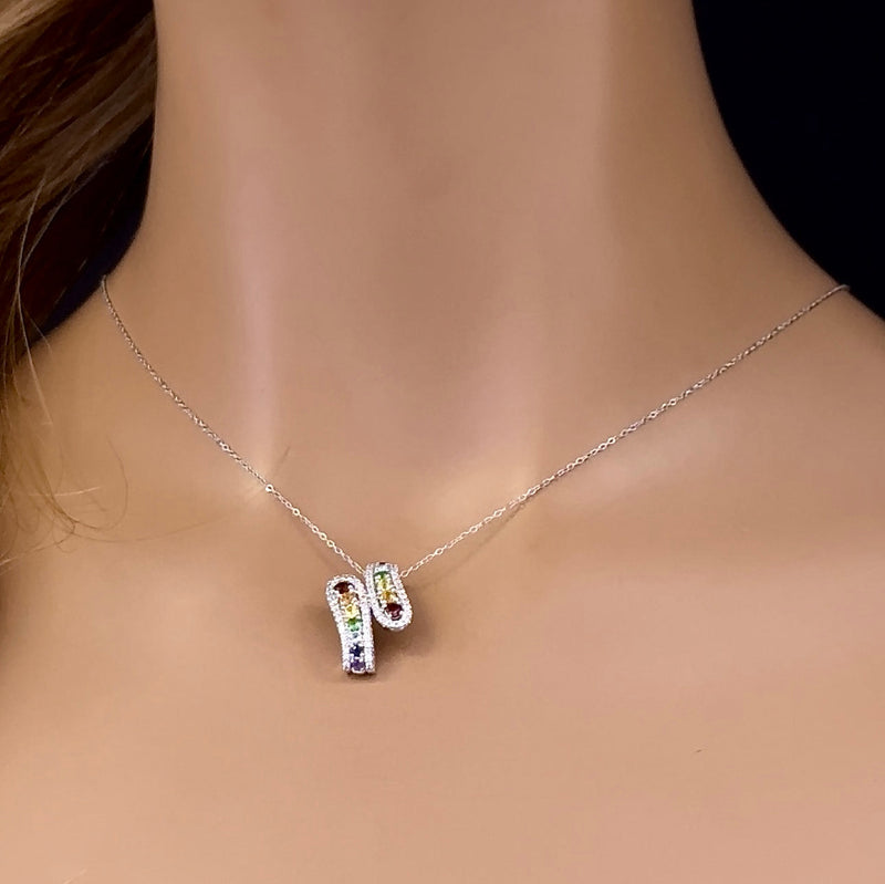 GEMSTONE CLOSEOUT!  1.07ct G SI 14K White Gold Diamond & Multi Color Gemstone Pendant Necklace 18" Long