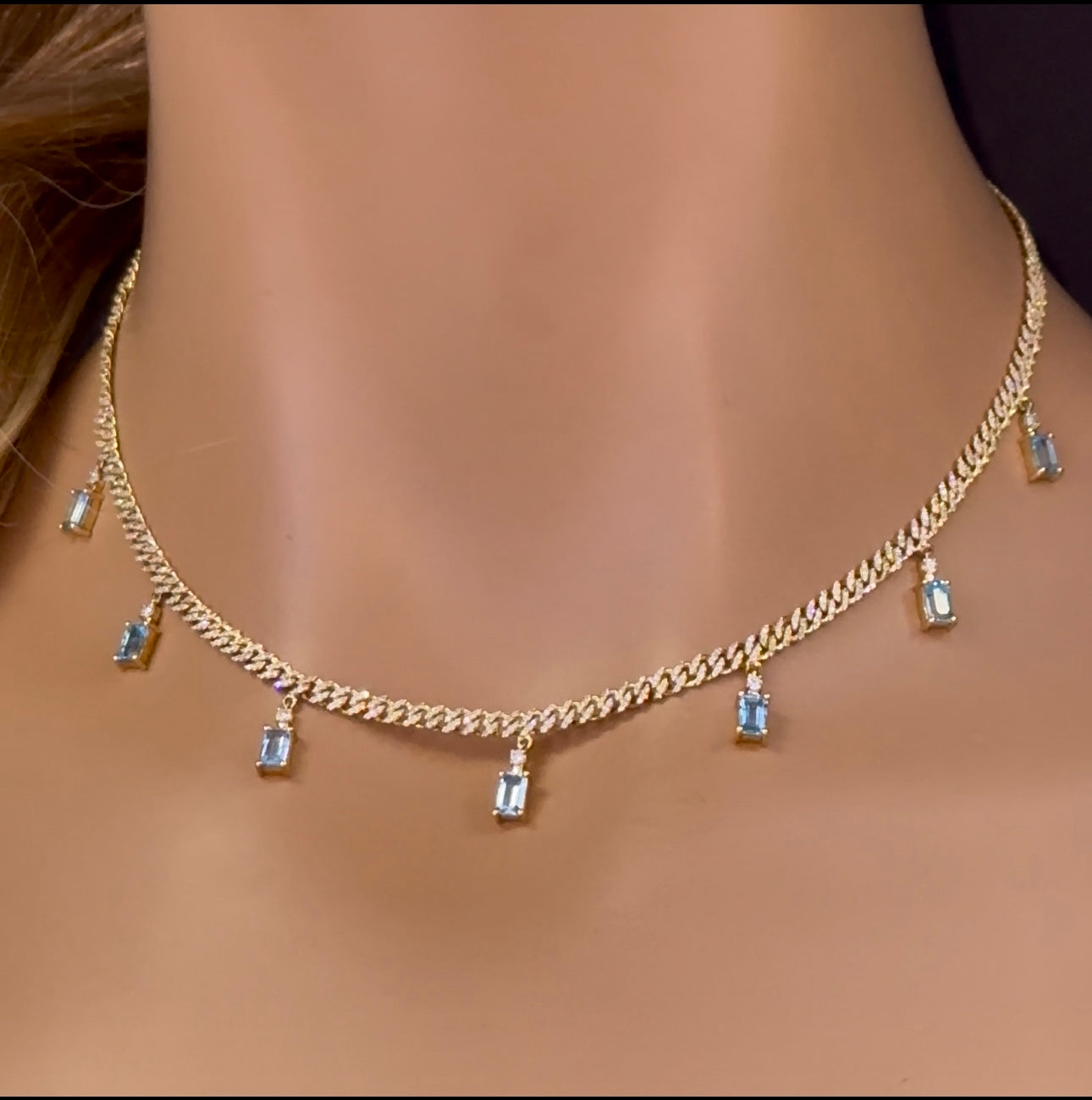 GEMSTONE CLOSEOUT!  3.80ct G SI 14K Yellow Gold Diamond & Aquamarine Cuban Link Necklace 12" + 4" EXT