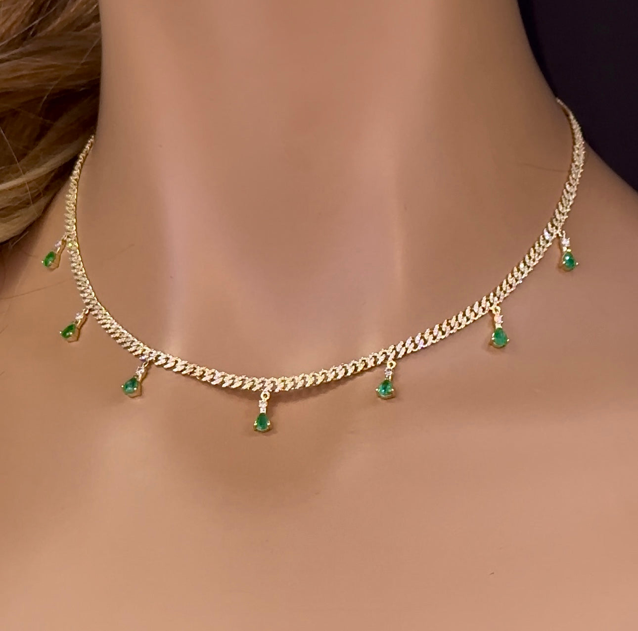 SPECIAL! 2.22ct G SI 14K Yellow Gold Diamond & Emerald 3MM Cuban Link Necklace 12" + 4" EXT