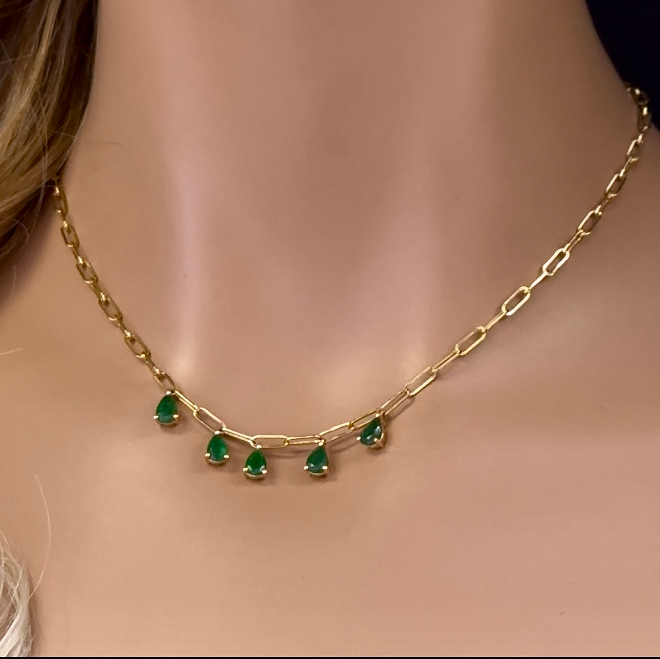 SPECIAL! 1.65ct G SI 14K Yellow Gold Pear Green Emerald Gemstone Paperclip Necklace 14 + 2" Ext