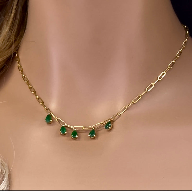 SPECIAL! 1.65ct G SI 14K Yellow Gold Pear Green Emerald Gemstone Paperclip Necklace 14 + 2" Ext