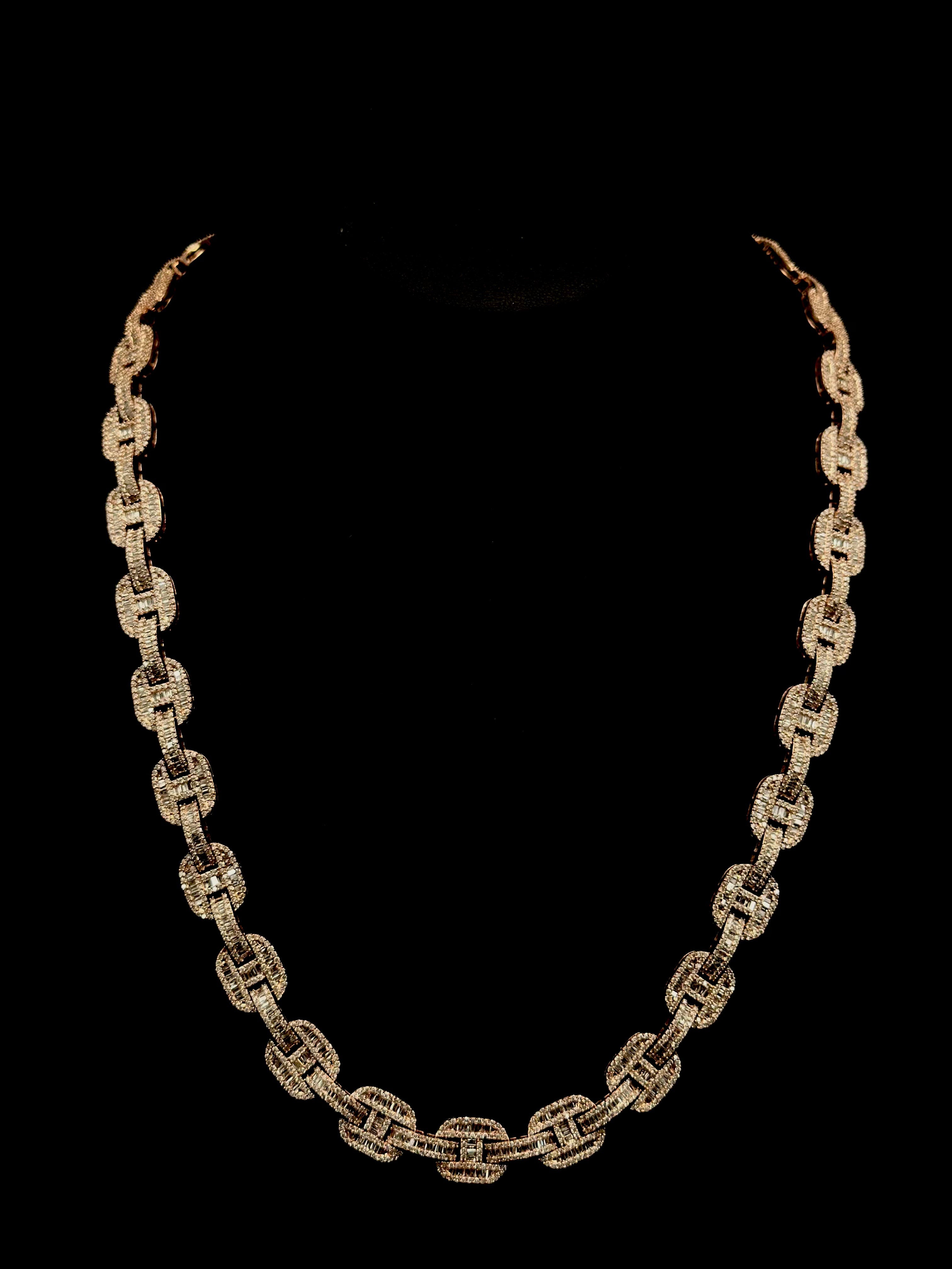 DIAMOND  CLOSEOUT!  11mm 17.95ct G SI 14K Rose Gold Iced Out Diamond Round & Baguette Necklace 22"