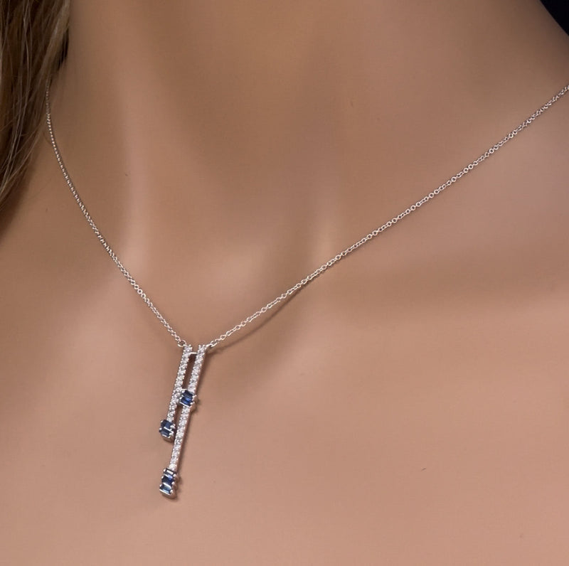 GEMSTONE CLOSEOUT!  .58ct G SI 14K White Gold Diamond & Blue Sapphire Drop Necklace 18" Ext