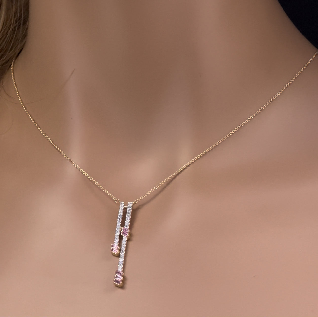 GEMSTONE CLOSEOUT!  .60ct G SI 14K Yellow Gold Diamond & Pink Tourmaline Gemstone Pendant Necklace 18" Long