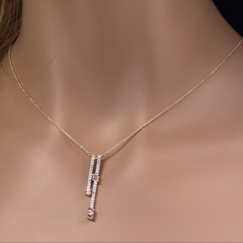 GEMSTONE CLOSEOUT!  .60ct G SI 14K Yellow Gold Diamond & Pink Tourmaline Gemstone Pendant Necklace 18" Long