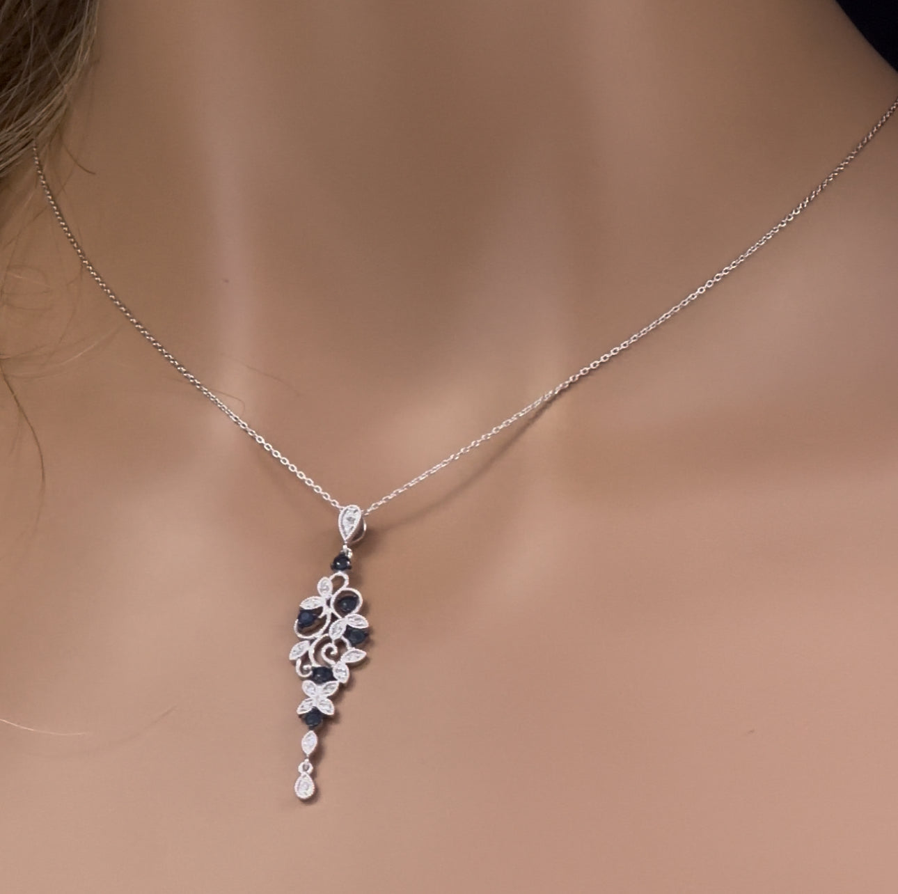 DIAMOND  CLOSEOUT! .48ct G SI 14K White Gold Diamond Blue Sapphire Gemstones Pendant Necklace 18" Long Chain