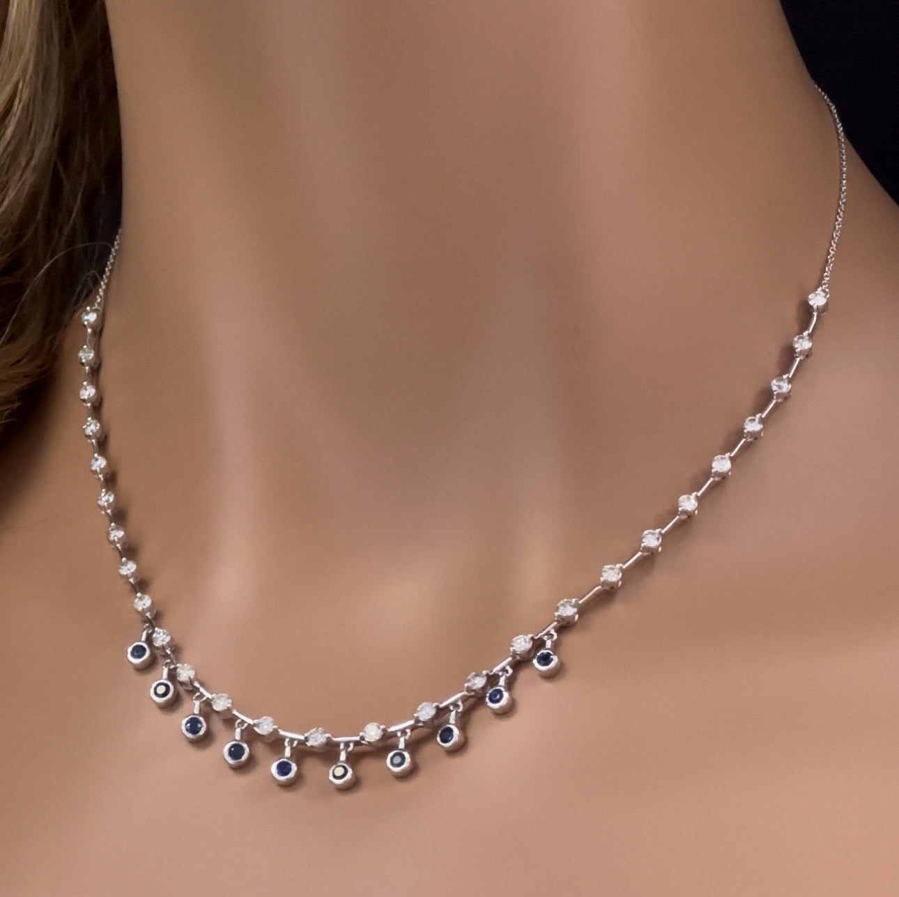 GEMSTONE CLOSEOUT!   2.36ct G SI 14K White Gold Diamond & Blue Sapphire Gemstone Dangling Pendant Necklace 16" + 2" EXT
