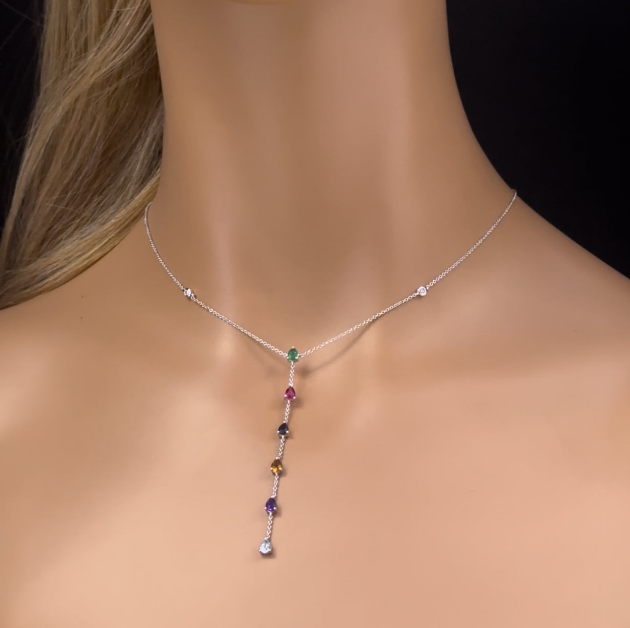 GEMSTONE CLOSEOUT!  1.07ct G SI 14K White Gold Diamond & Multi Color Drop Lariat Necklace 16+2" Ext