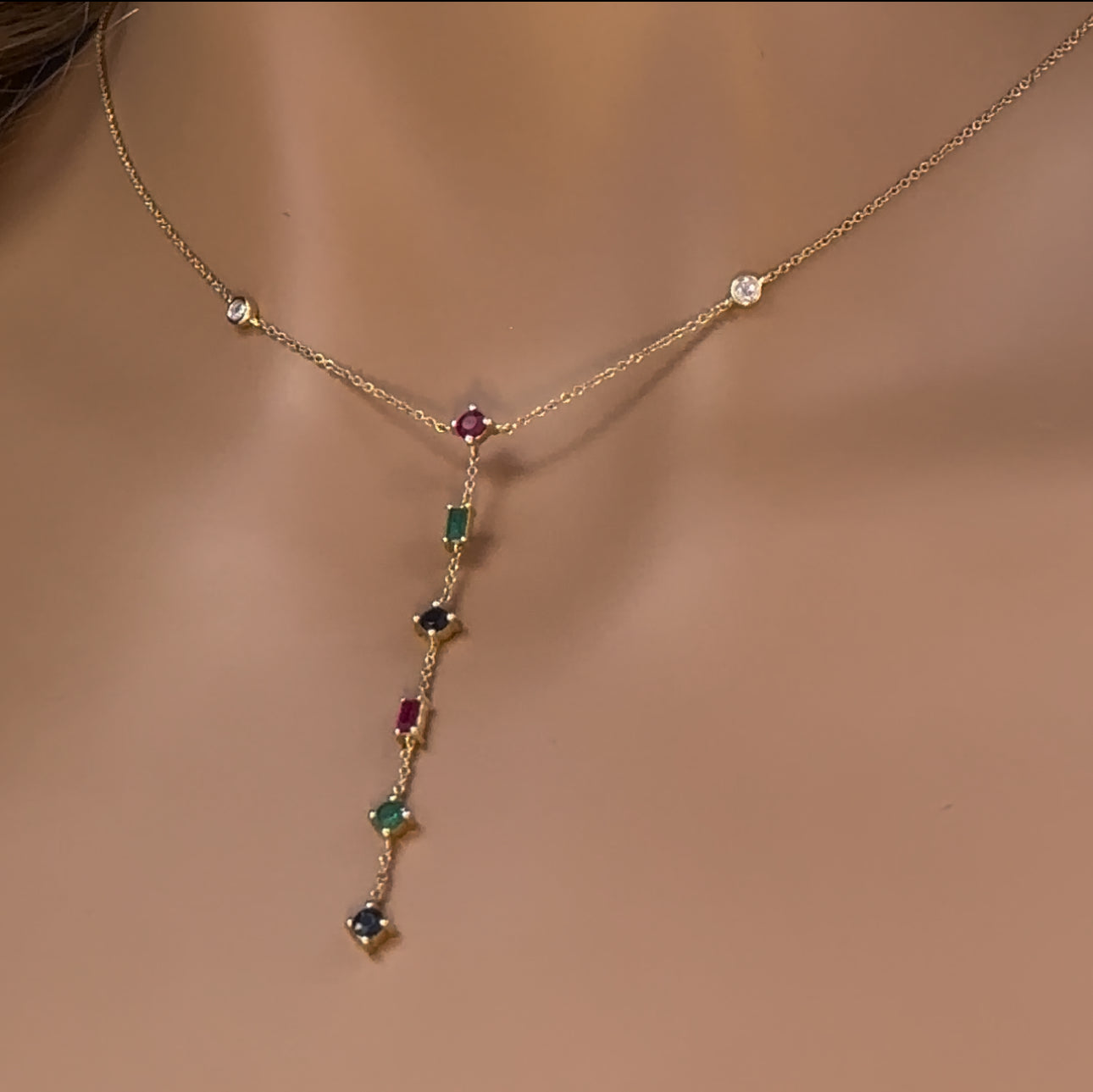 GEMSTONE CLOSEOUT!  .78ct G SI 14K Yellow Gold Diamond & Multi Color Gemstones Pendant Necklace 18" Long