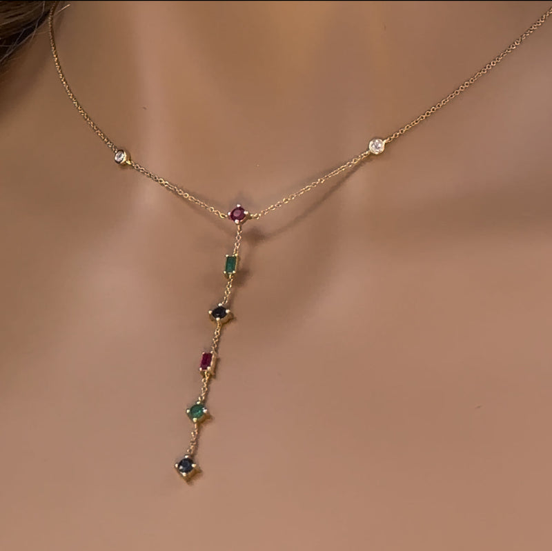 GEMSTONE CLOSEOUT!  .78ct G SI 14K Yellow Gold Diamond & Multi Color Gemstones Pendant Necklace 18" Long