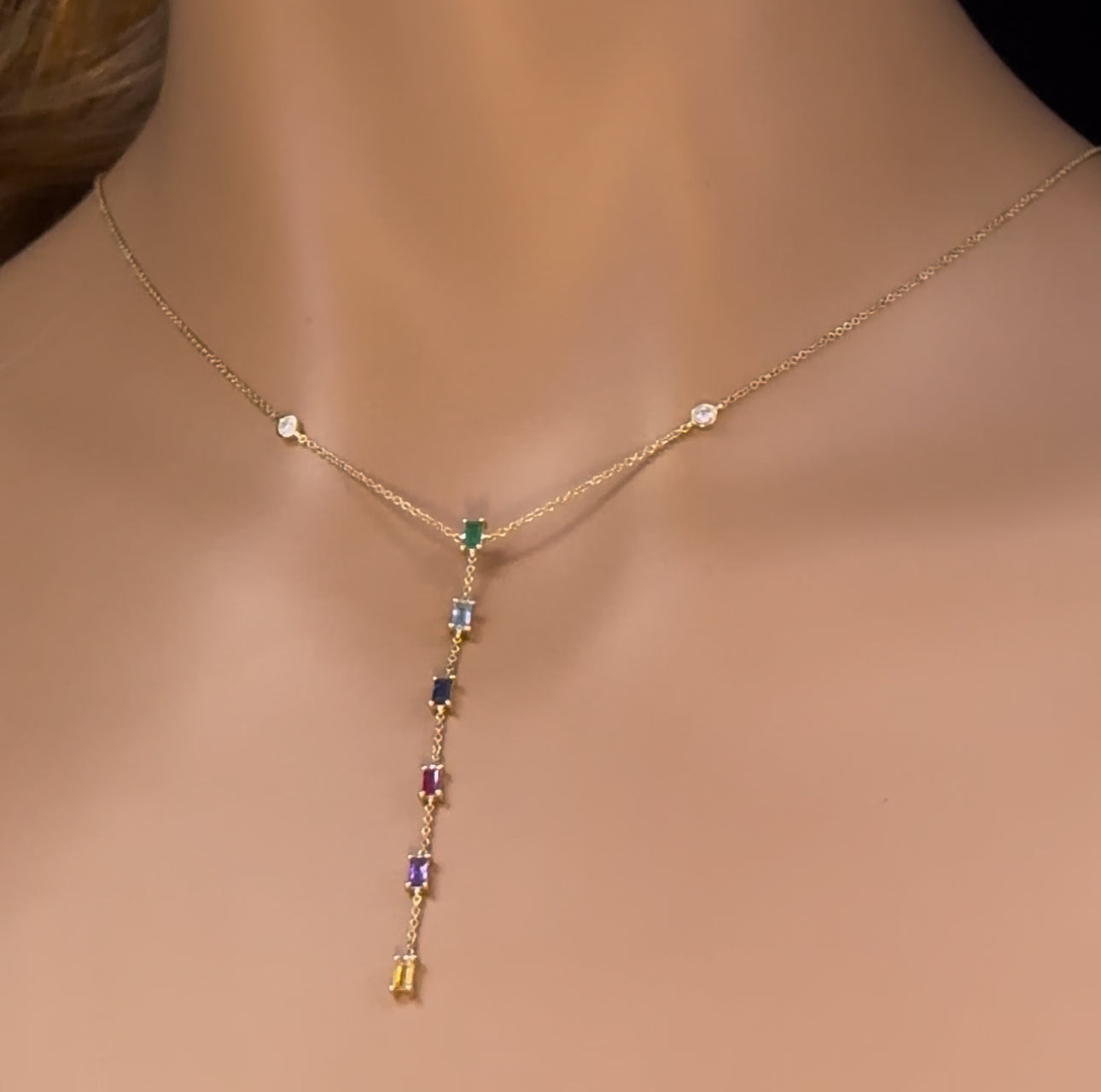 GEMSTONE CLOSEOUT!  .67ct G SI 14K White Gold Diamond & Multi Color Lariat Necklace 16 + 2" Ext