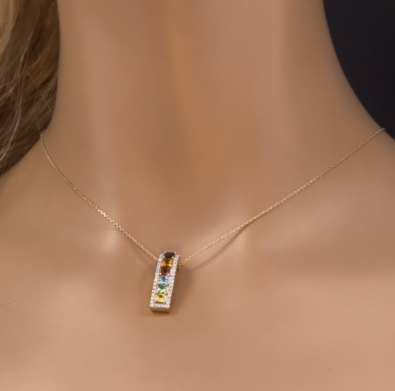 GEMSTONE CLOSEOUT!  1.56ct G SI 14K Yellow Gold Diamond & Multi Color Gemstone Pendant Necklace 16" + 2" Ext.