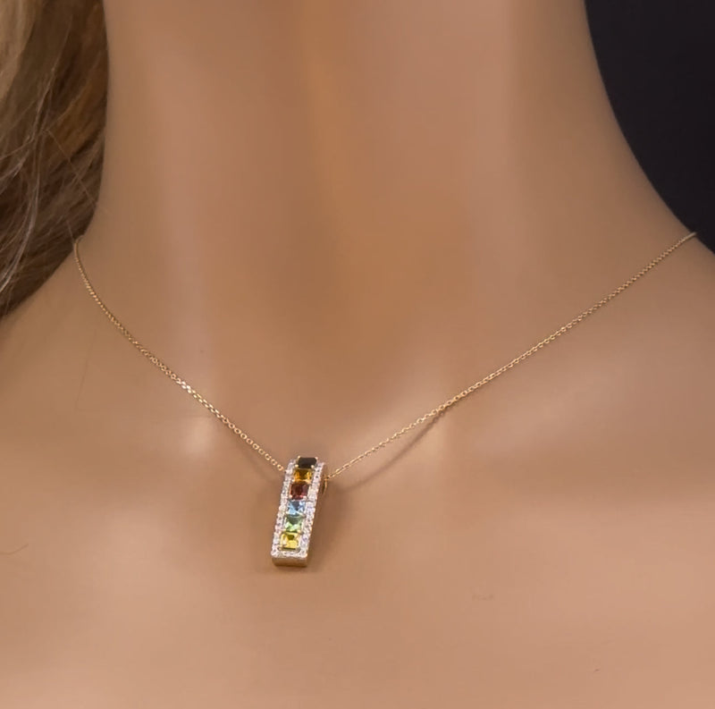 GEMSTONE CLOSEOUT!  1.56ct G SI 14K Yellow Gold Diamond & Multi Color Gemstone Pendant Necklace 16" + 2" Ext.