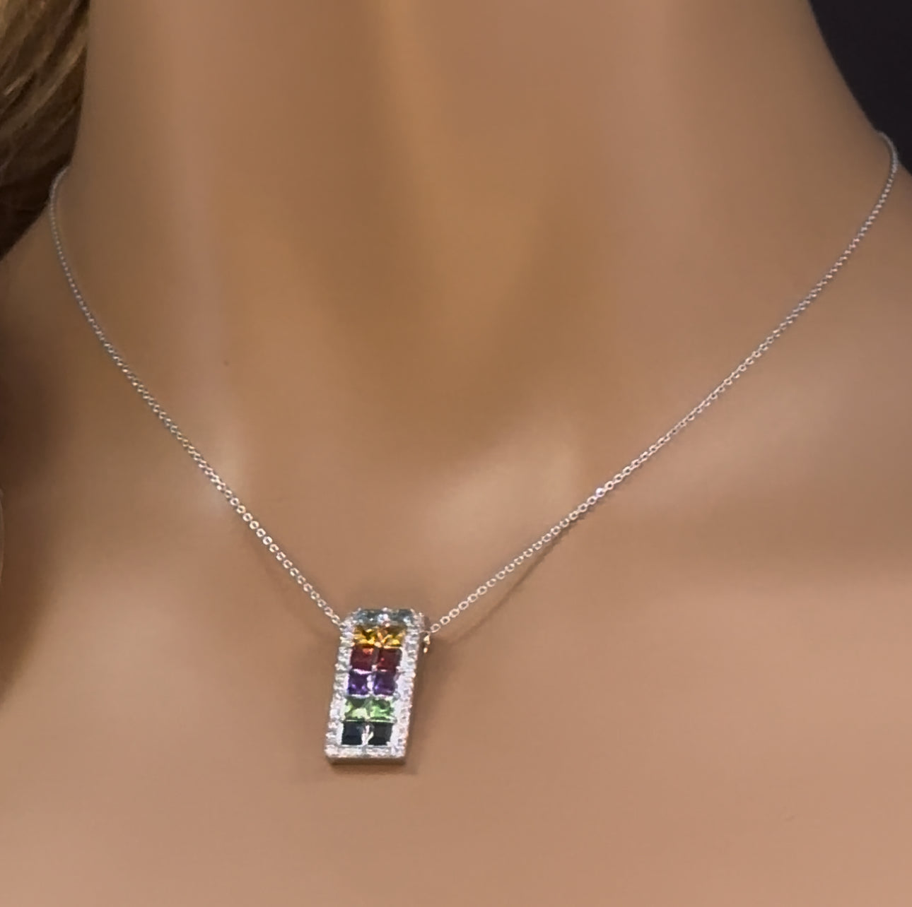 GEMSTONE CLOSEOUT!  2.88ct G SI 14K White Gold Diamond & Multi Color Gemstone Pendant Necklace 16" + 2" Ext.