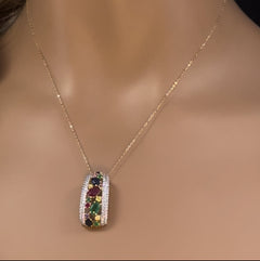 GEMSTONE CLOSEOUT! 2.53ct G SI 14K Yellow Gold Diamond & Multi Color Gemstones Pendant Necklace 18" Long