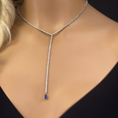 SPECIAL! 6.15ct G SI 14K White Gold Round Diamond & Blue Sapphire Tennis Drop Lariat Y Necklace 14+4'Ext