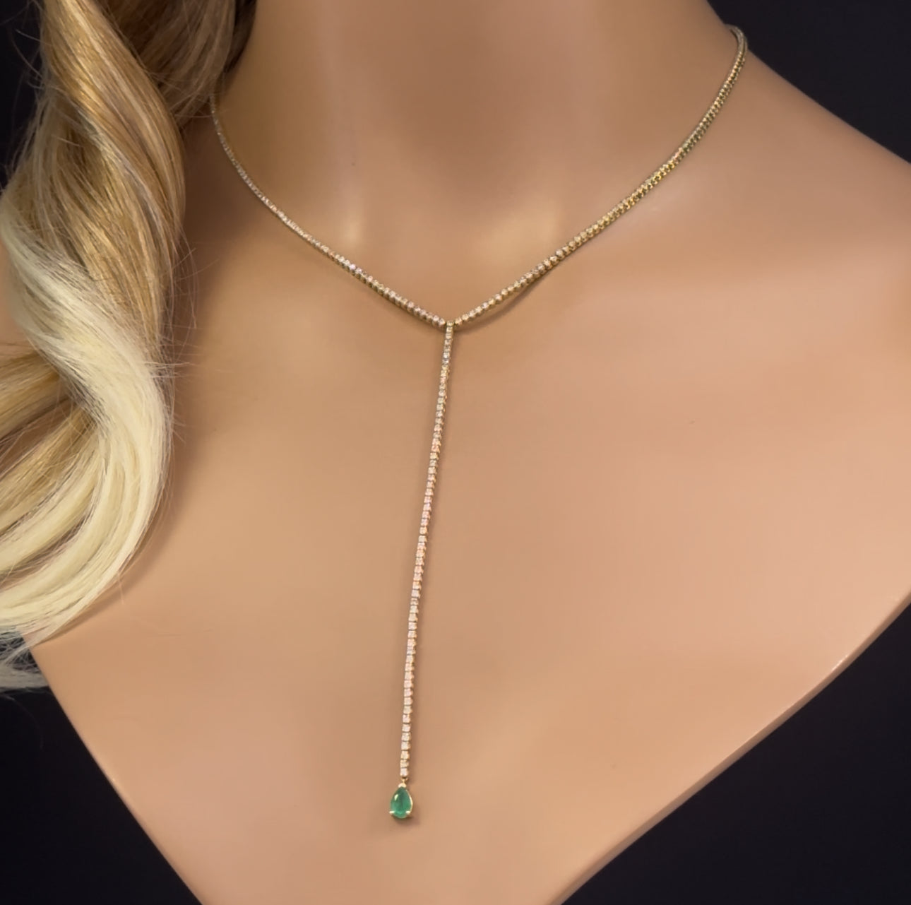SPECIAL! 2.99ct G SI 14K Yellow Gold Diamond & Pear Shaped Emerald Gemstone Tennis Drop Y Lariat Necklace 14+4'Ext