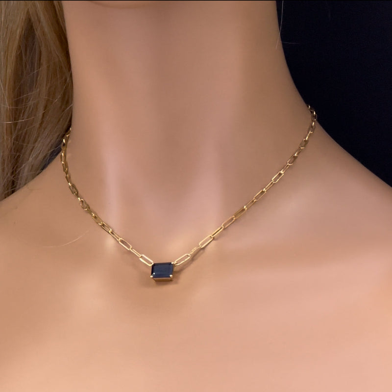 SPECIAL! 3.00ct G SI 14K Yellow Gold Blue Sapphire Paperclip Necklace 14 + 2" Ext