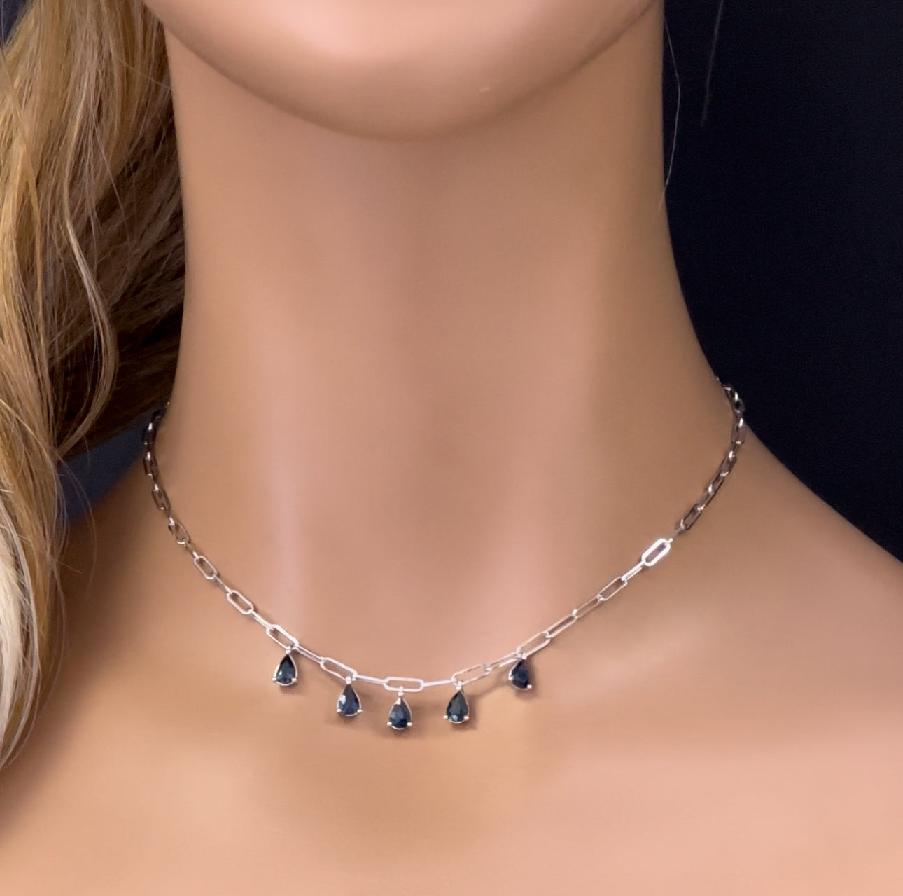 SPECIAL! 2.60ct G SI 14K White Gold Pear Drop Blue Sapphire Gemstone Paperclip Necklace 14+2" Long