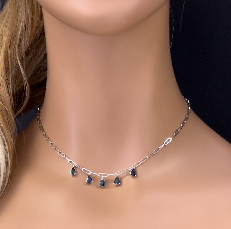 SPECIAL! 2.60ct G SI 14K White Gold Pear Drop Blue Sapphire Gemstone Paperclip Necklace 14+2" Long