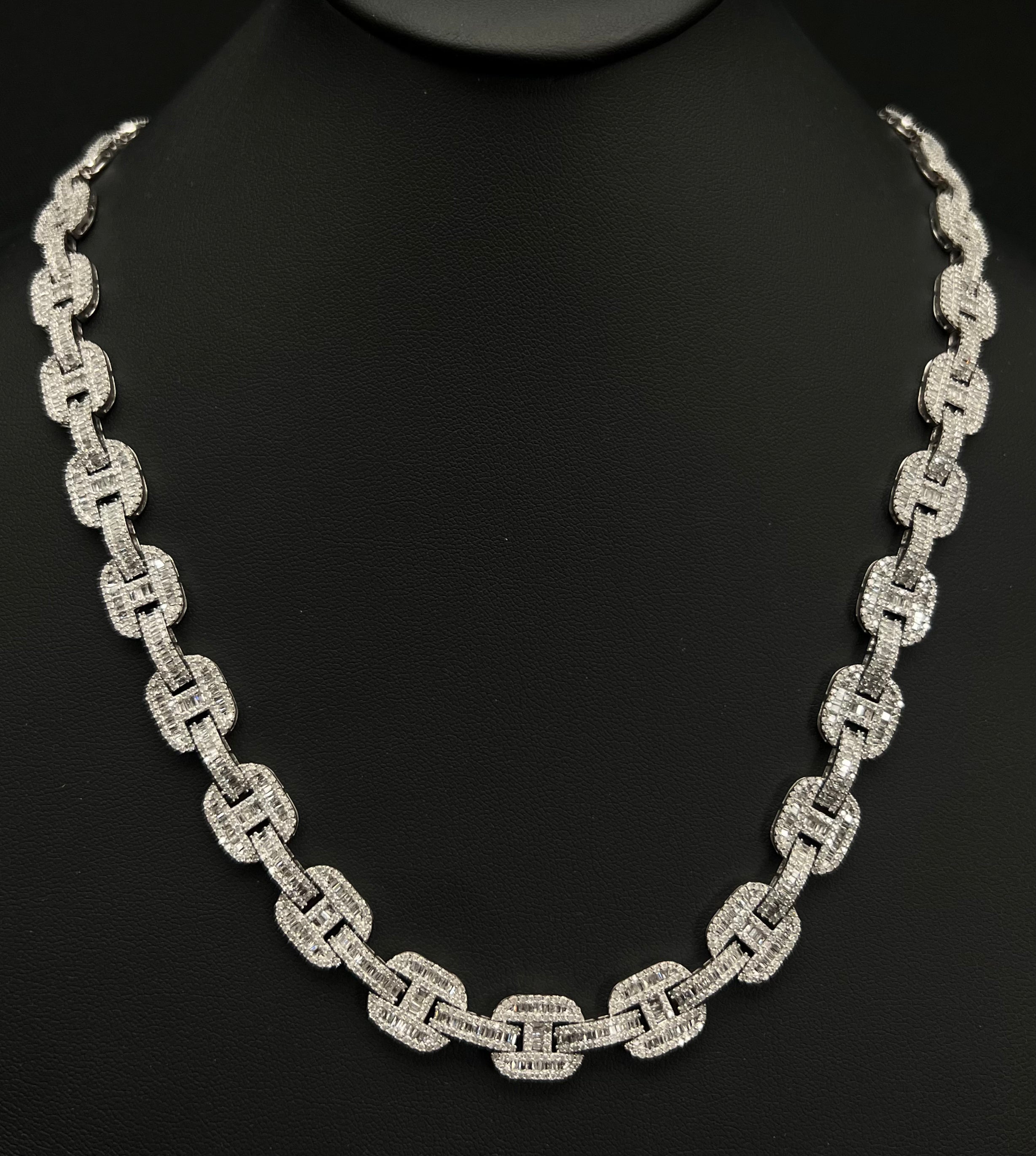 DIAMOND  CLOSEOUT!  11mm 17.95ct G SI 14K White Gold Iced Out Diamond Round & Baguette Necklace 22"