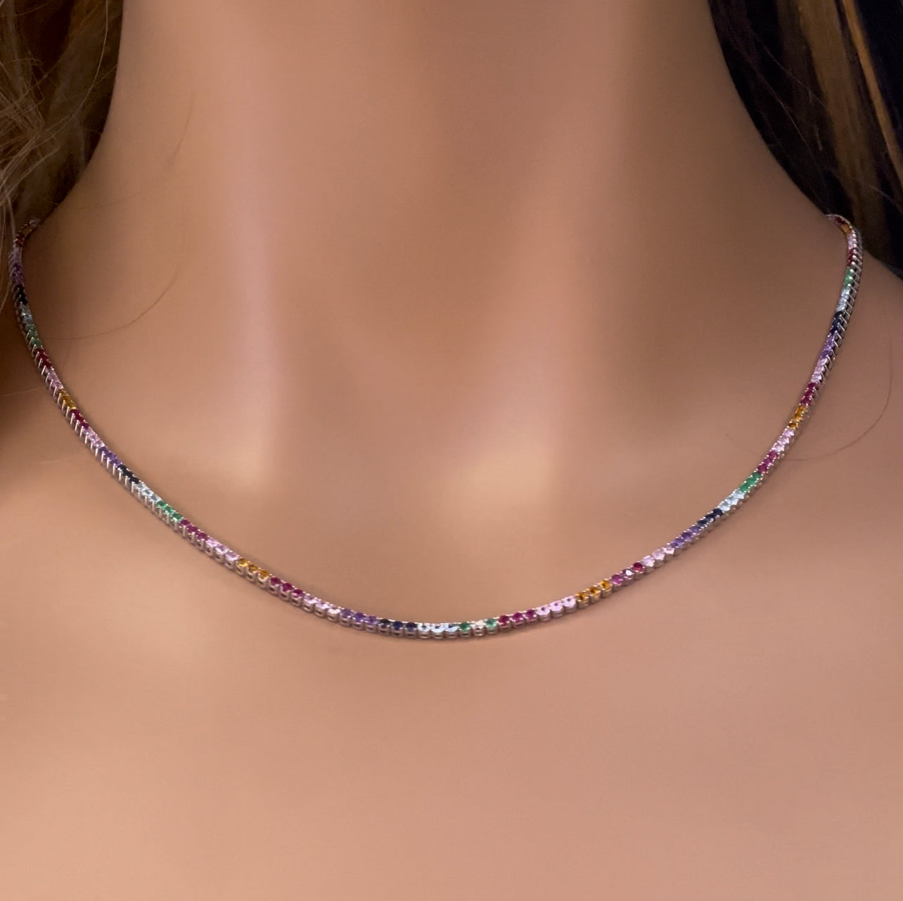GEMSTONE CLOSEOUT! 5.56ct G SI 14K Yellow Gold Diamond & Multi Color Gemstone Tennis Necklace 18"Long