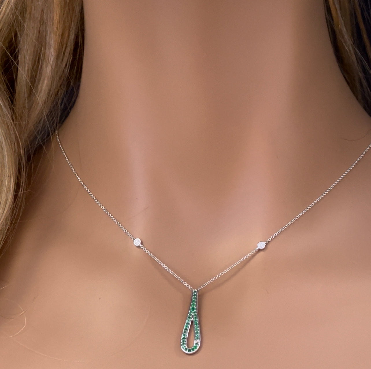 GEMSTONE CLOSEOUT!  .26ct G SI 14K White Gold Diamond & Emerald Gemstone Pendant Necklace 16" + 2" Ext.