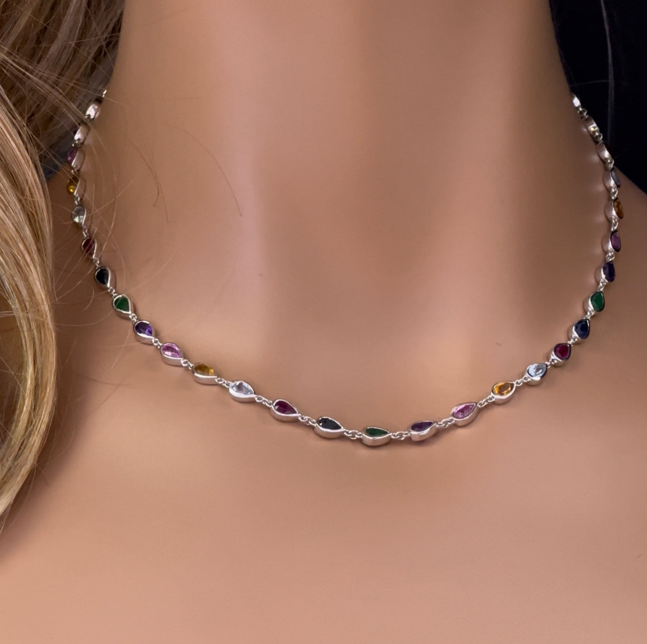 GEMSTONE CLOSEOUT!  6.99ct G SI 14K White Gold Bezel Set Multi Color Gemstones Pendant Necklace 16" Long