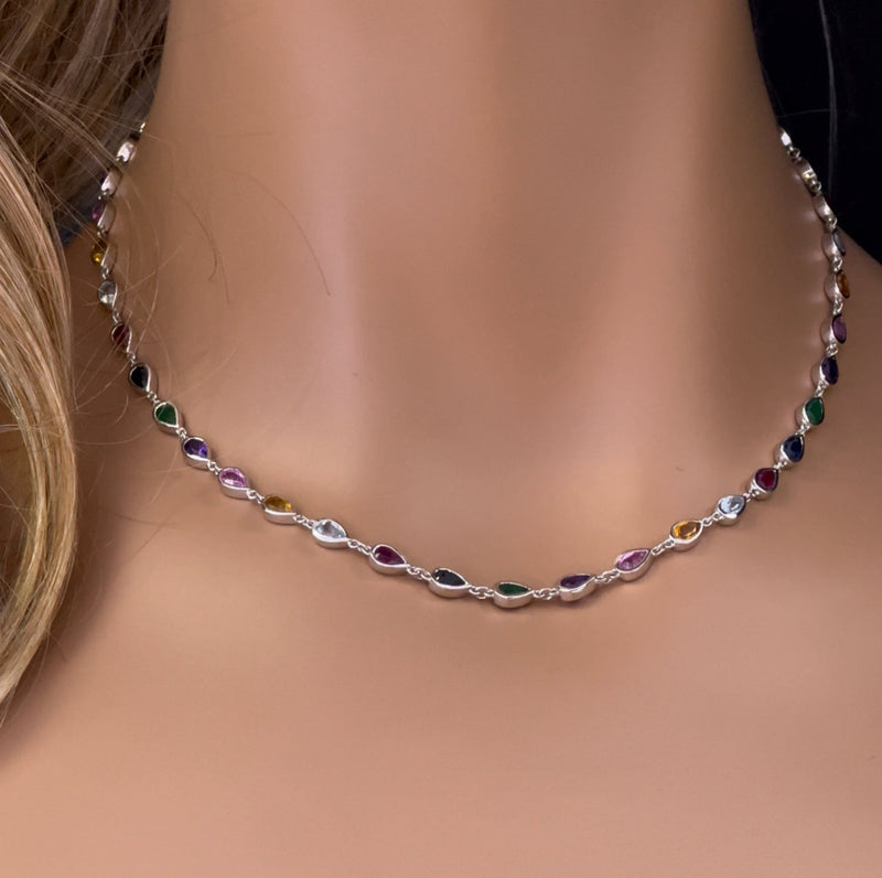GEMSTONE CLOSEOUT!  6.99ct G SI 14K White Gold Bezel Set Multi Color Gemstones Pendant Necklace 16" Long