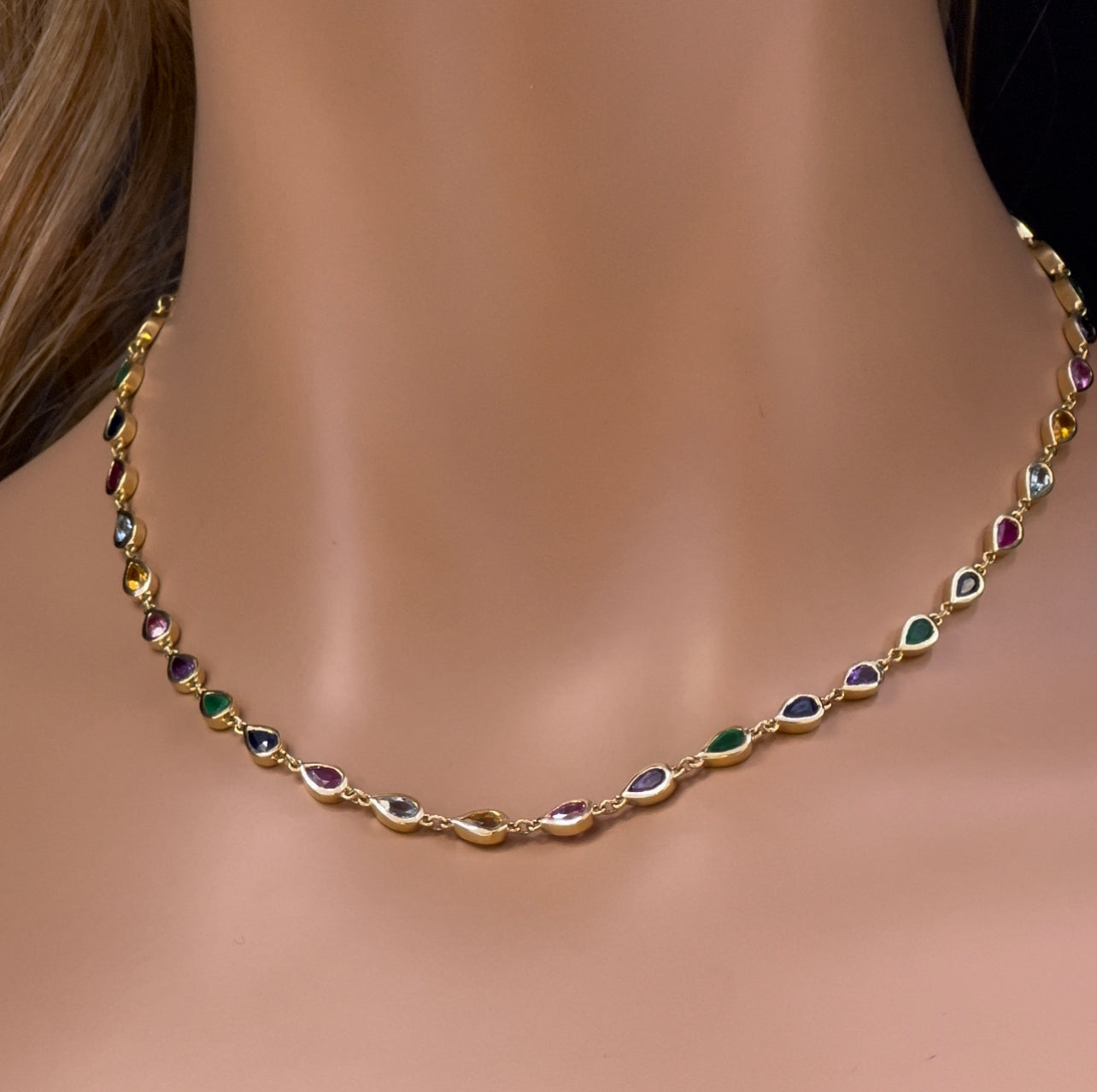 GEMSTONE CLOSEOUT!  7.26ct G SI 14K Yellow Gold Multi Color Pear Shape Gemstone  Necklace 16" Long
