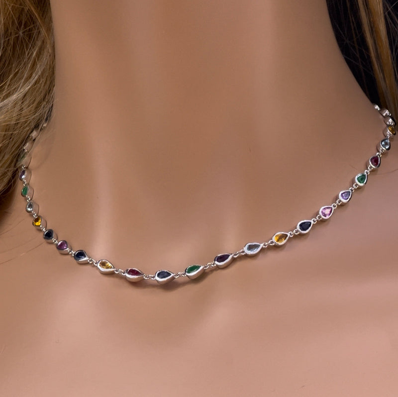 GEMSTONE CLOSEOUT!  6.99ct G SI 14K White Gold Bezel Set Multi Color Gemstones Pendant Necklace 12+4" Ext Long