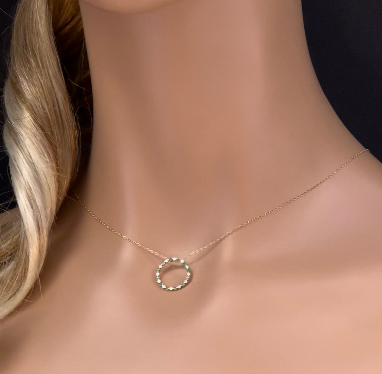 GEMSTONE CLOSEOUT! .23ct G SI 14K Yellow Gold Diamond & Round Emerald Pendant Necklace 18" Long Chain