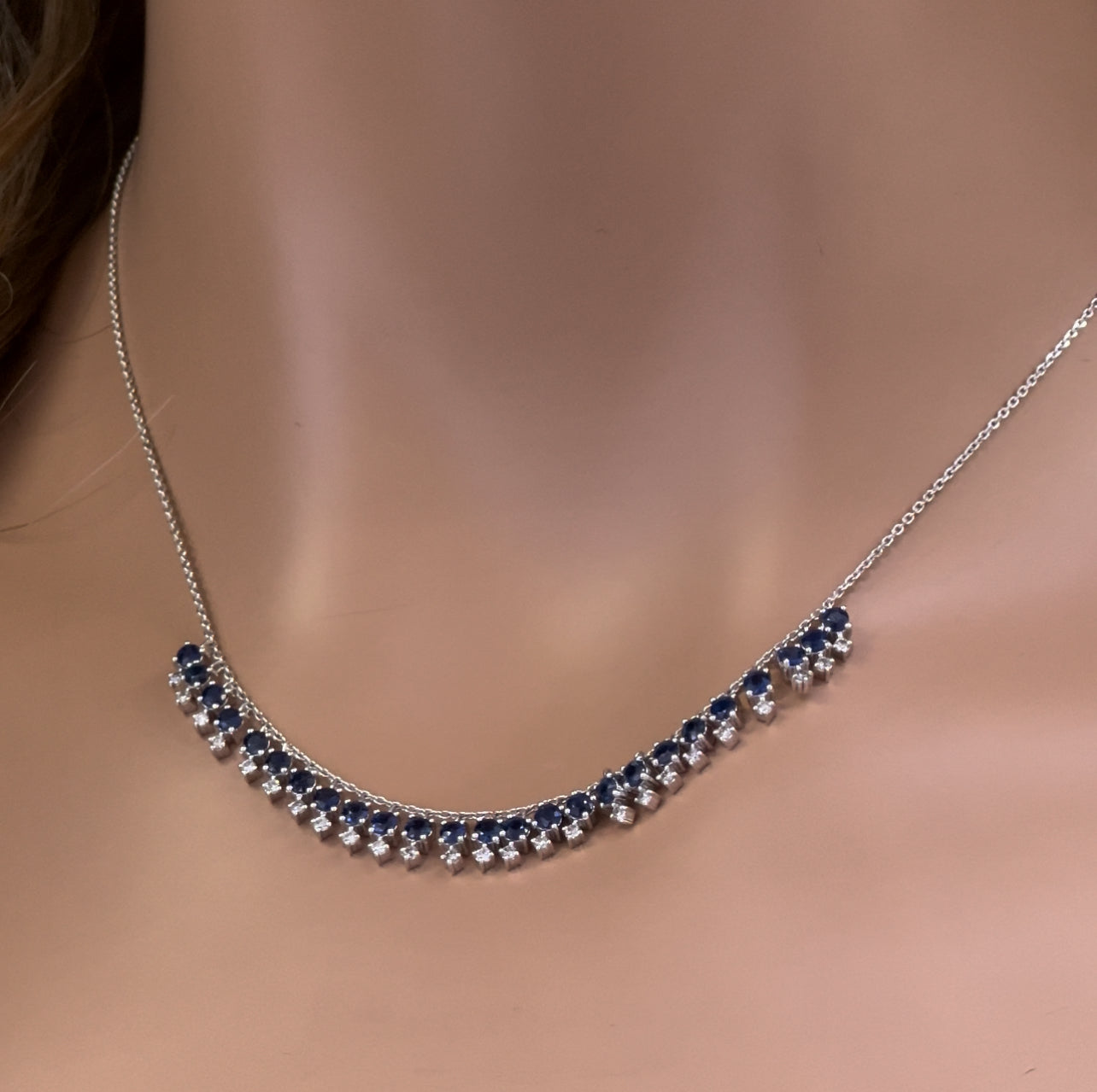 GEMSTONE   CLOSEOUT!   2.25ct G SI 14K White Gold Diamond & Blue Sapphire Gemstone Dangling Pendant Necklace 16" + 2" Ext