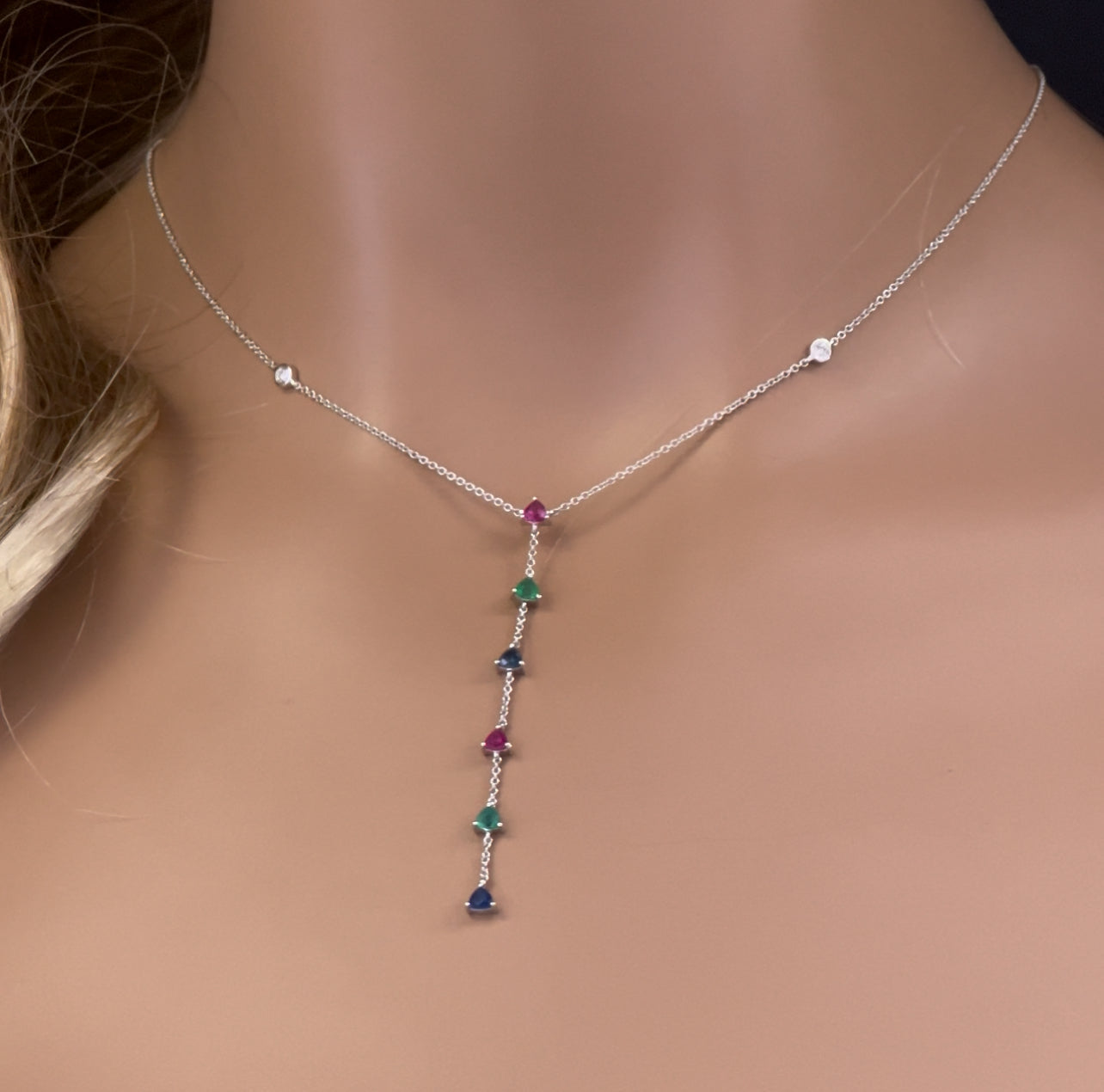 GEMSTONE CLOSEOUT!   .90ct G SI 14K White Gold Diamond & Multi Color Gemstone Drop Necklace 16+2" Ext