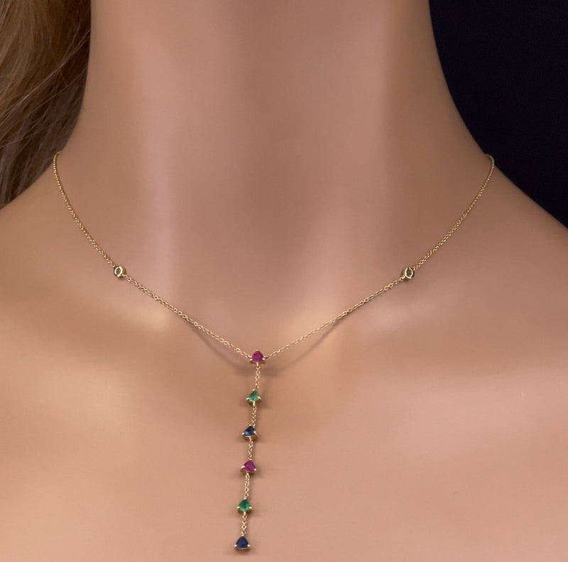 GEMSTONE CLOSEOUT!  .86ct G SI 14K Yellow Gold Diamond & Multi Color Drop Necklace 16+2" Ext